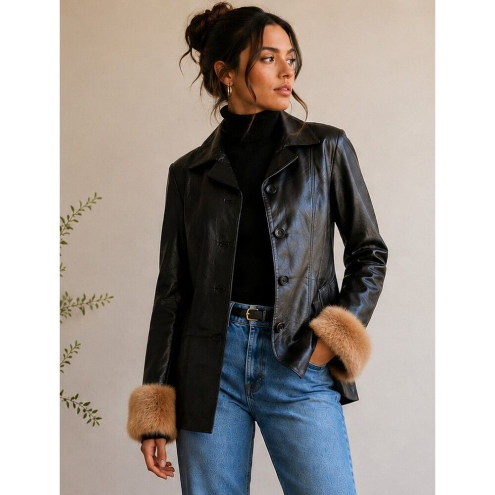 Vélez Black Leather Jacket with Faux Fur Cuffs | Genuine Leather | Size S